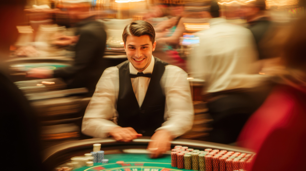 Man smiling on a casino playing table